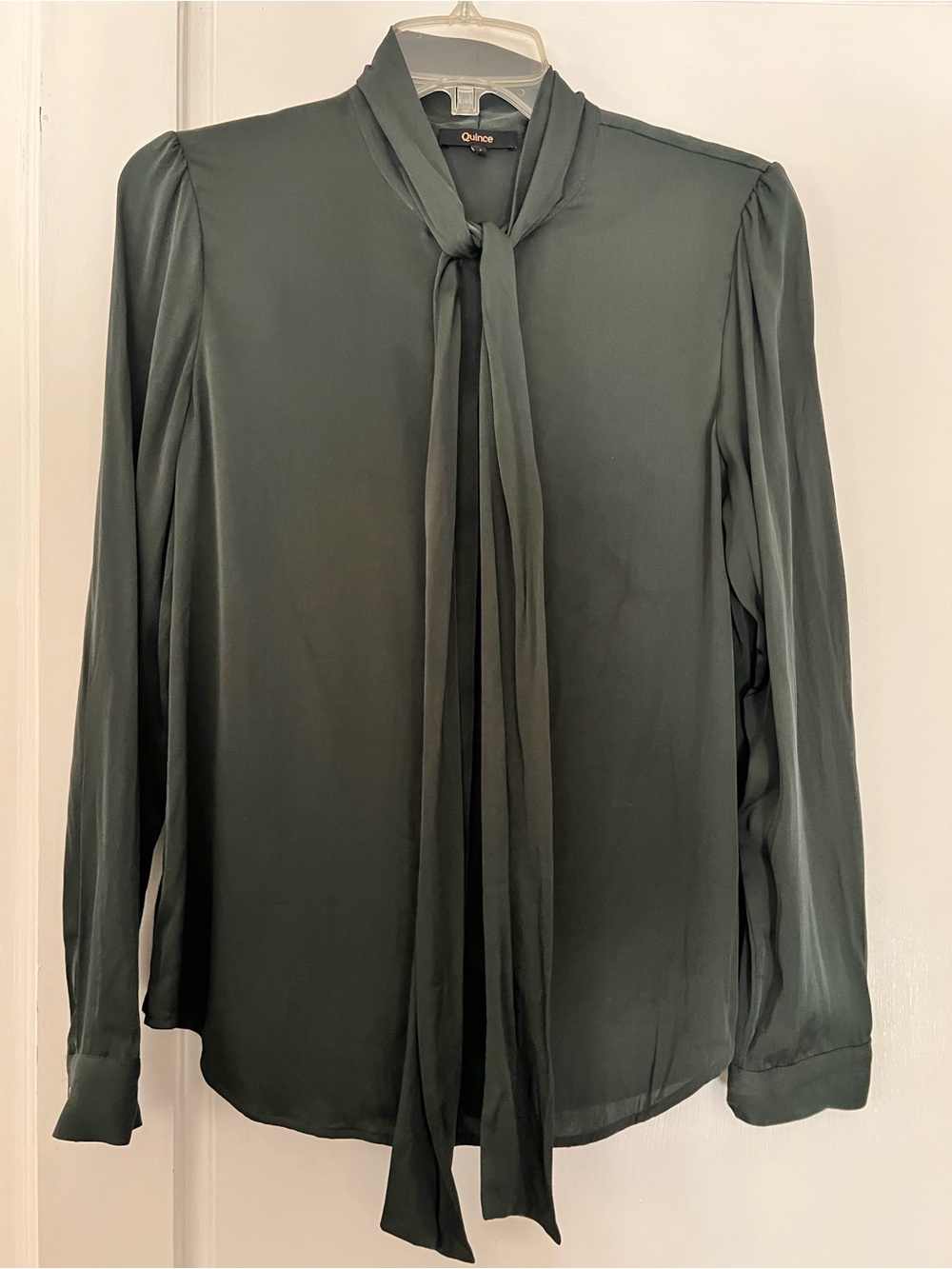 Quince Women's Forest Green Tie-Neck Satin Blouse